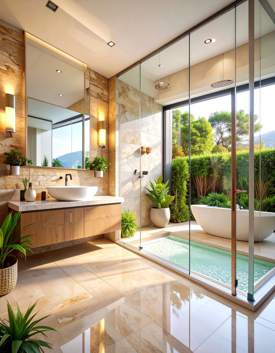 Glass and Travertine Contemporary Fusion Design - 25 Travertine Tile Bathroom Ideas