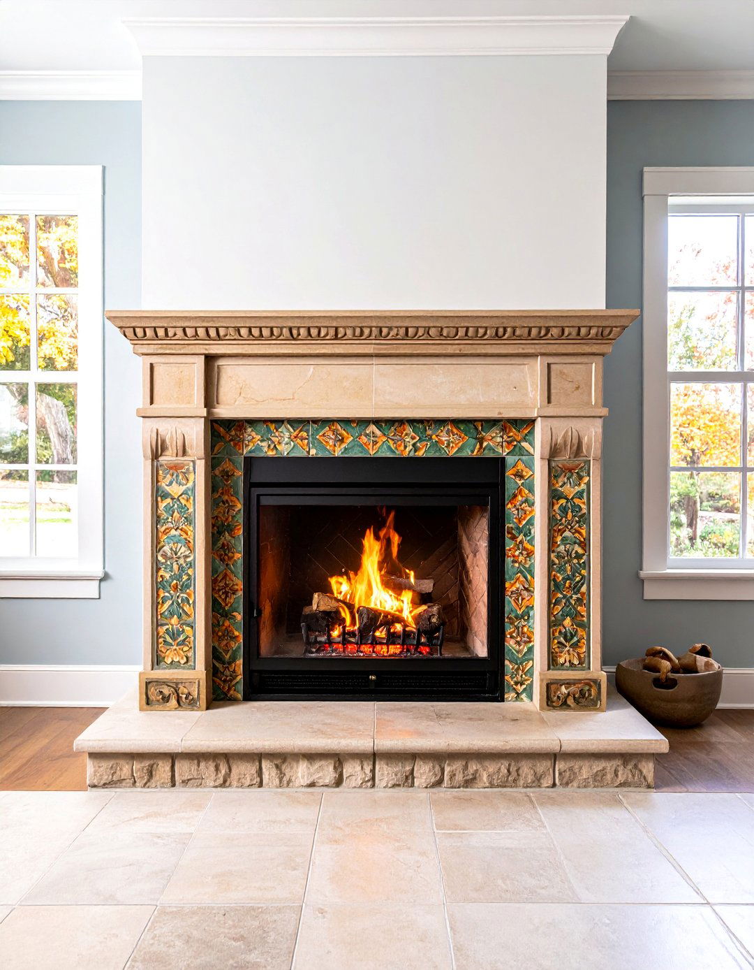 Glazed Ceramic Tile Surround with Geometric Patterns - 25 Craftsman-style Fireplace Ideas