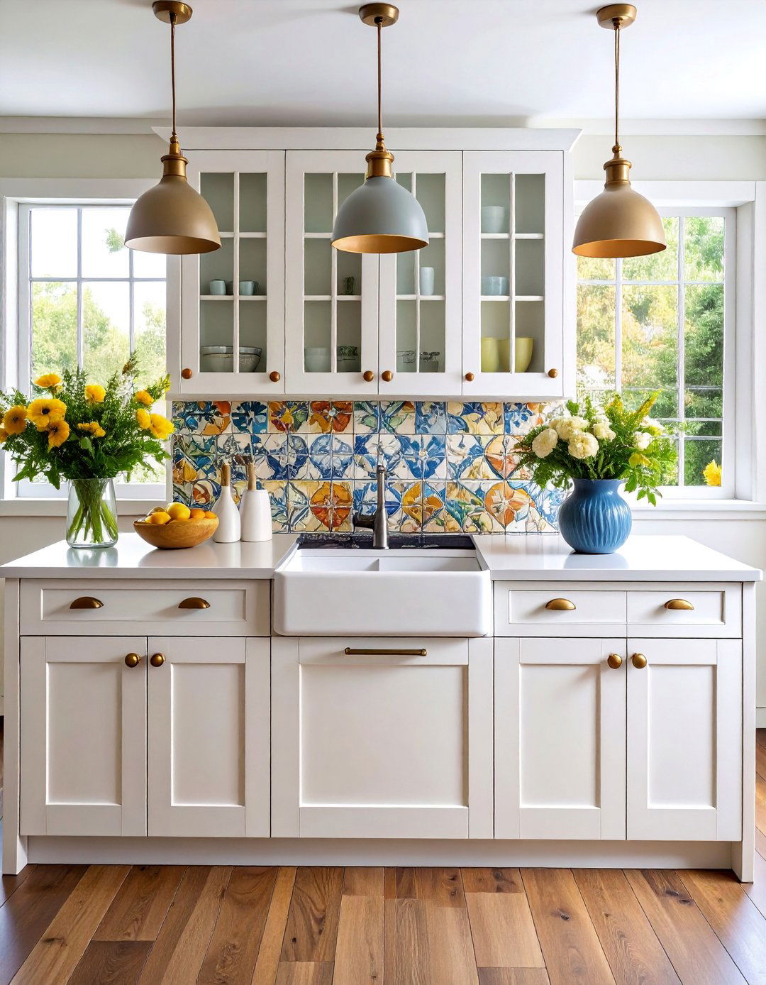 Glazed Ceramic Tile with Hand Painted Details - 25 Backsplash Ideas for White Cabinets and Granite Countertops