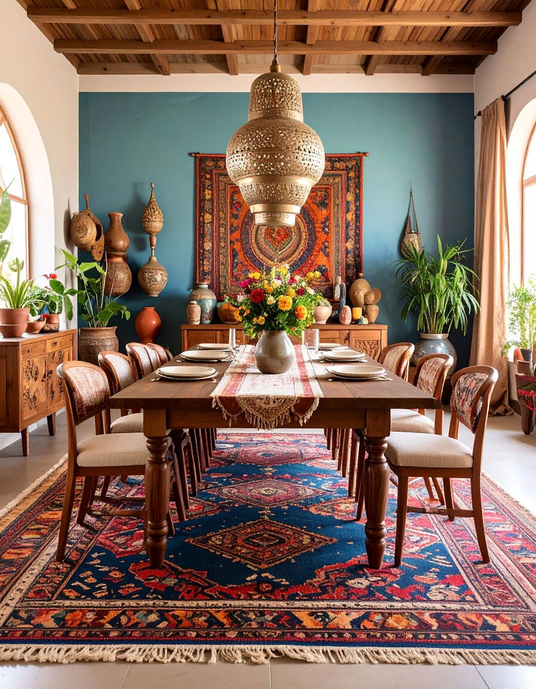 Global Fusion Dining Room with Kilim Style Carpet - 25 Carpeted Dining Room Ideas