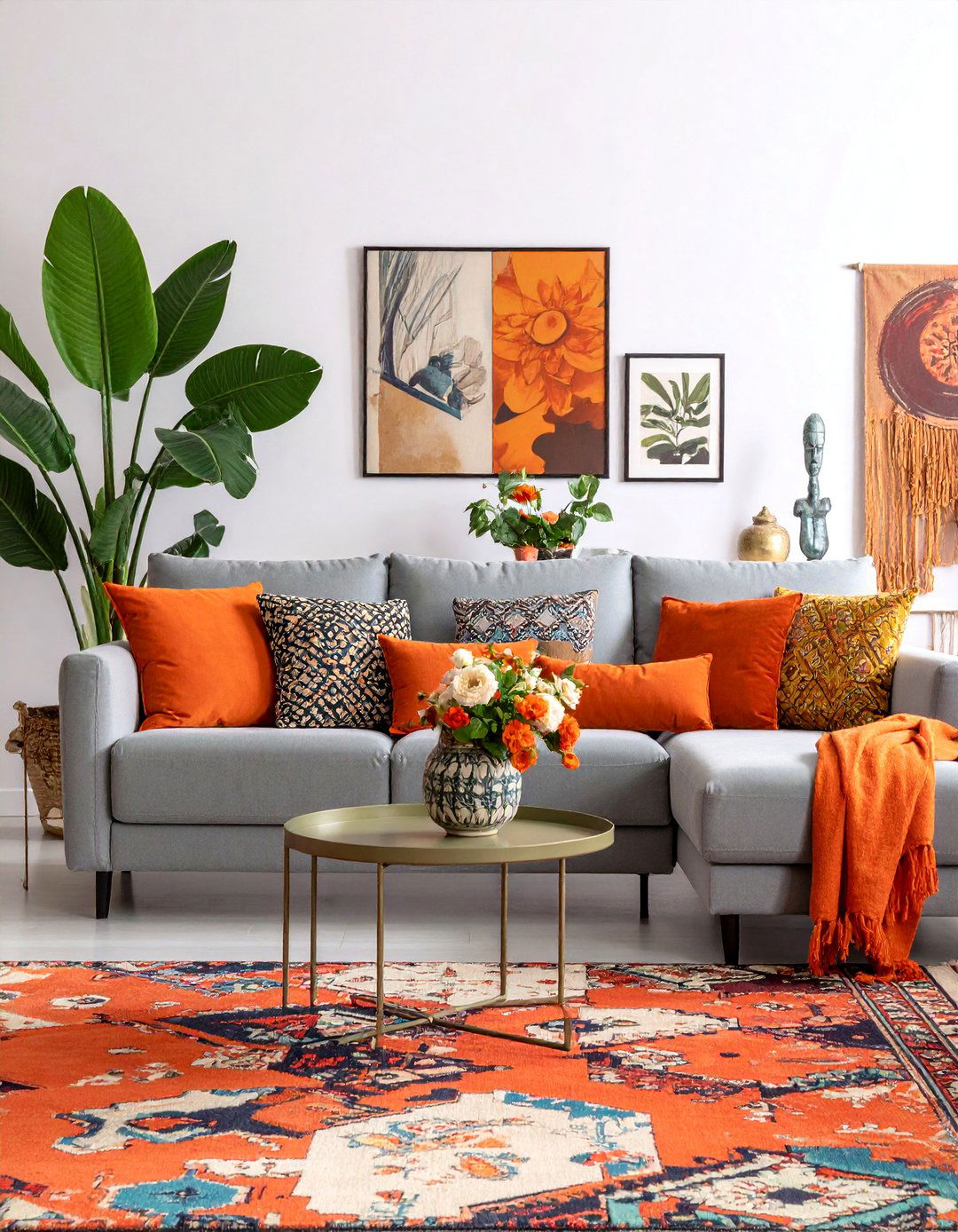 Global Orange Spice and Pewter Grey Worldly Traveler Living Room - 25 Orange and Grey Living Room Ideas