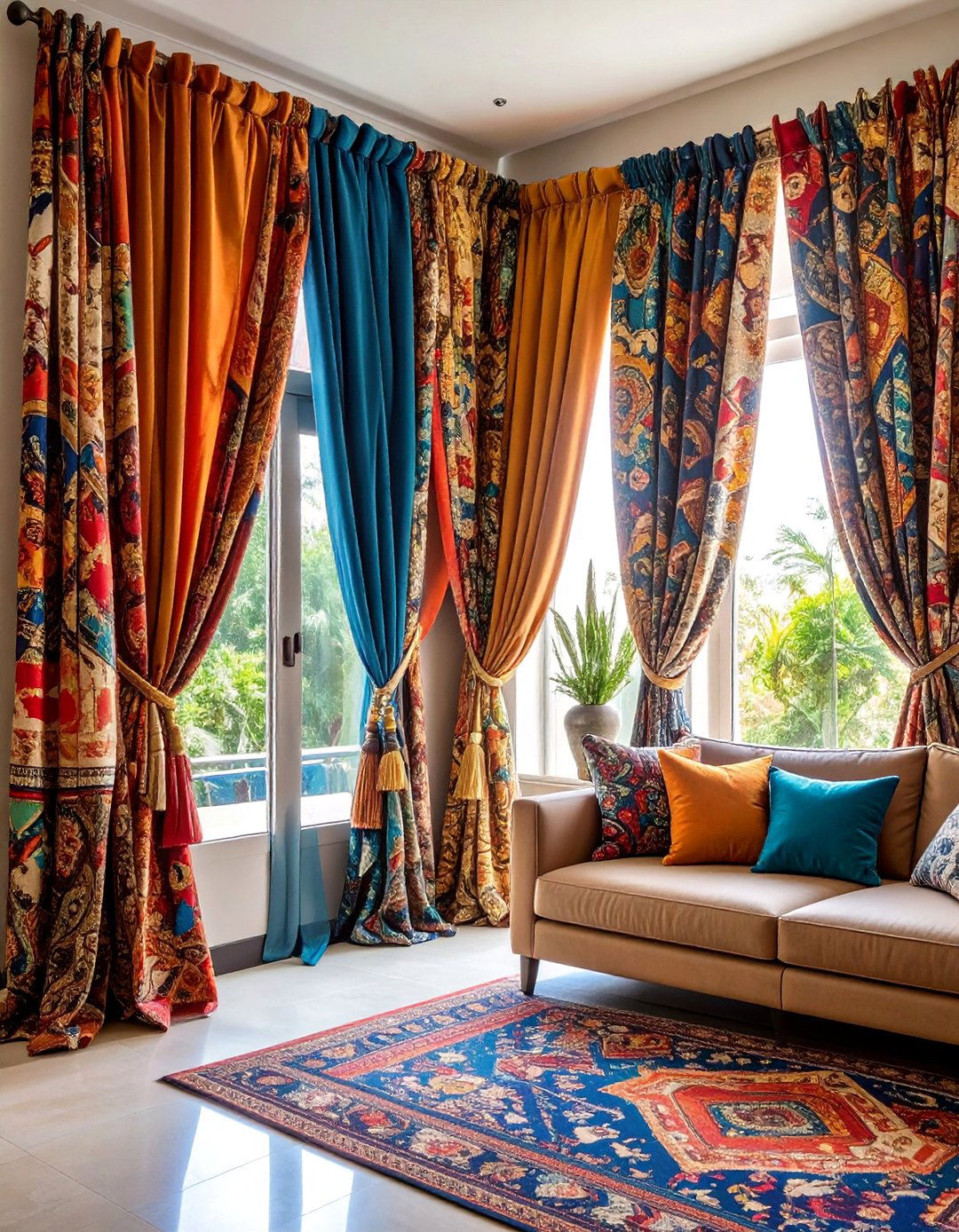 Global Print Mix Curtains with Cultural Fusion - 25 Boho Curtain Ideas