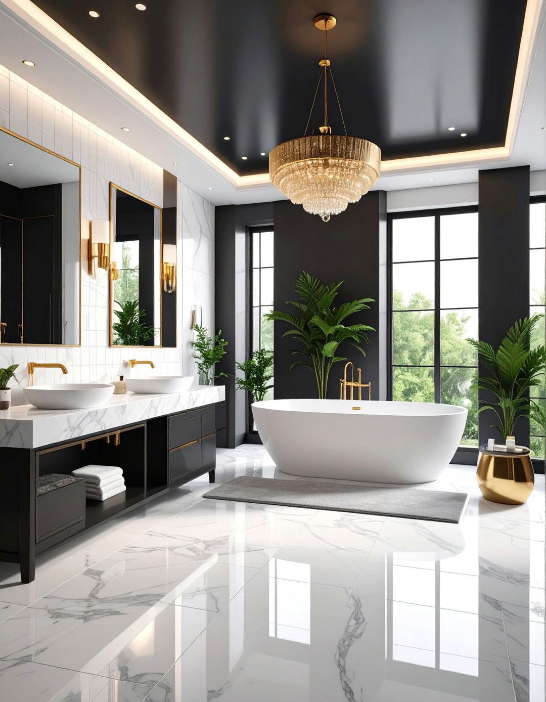 Glossy Black Ceiling in Luxurious Modern Bathroom - 25 black ceiling ideas