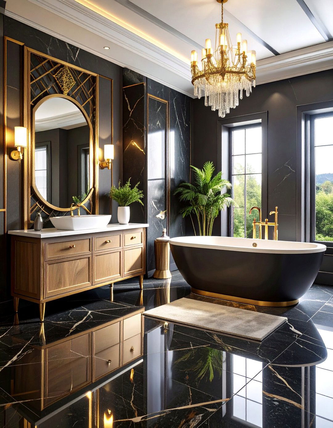 Glossy Black Tile Glamorous Art Deco Floor - 25 Black Floor Bathroom Ideas