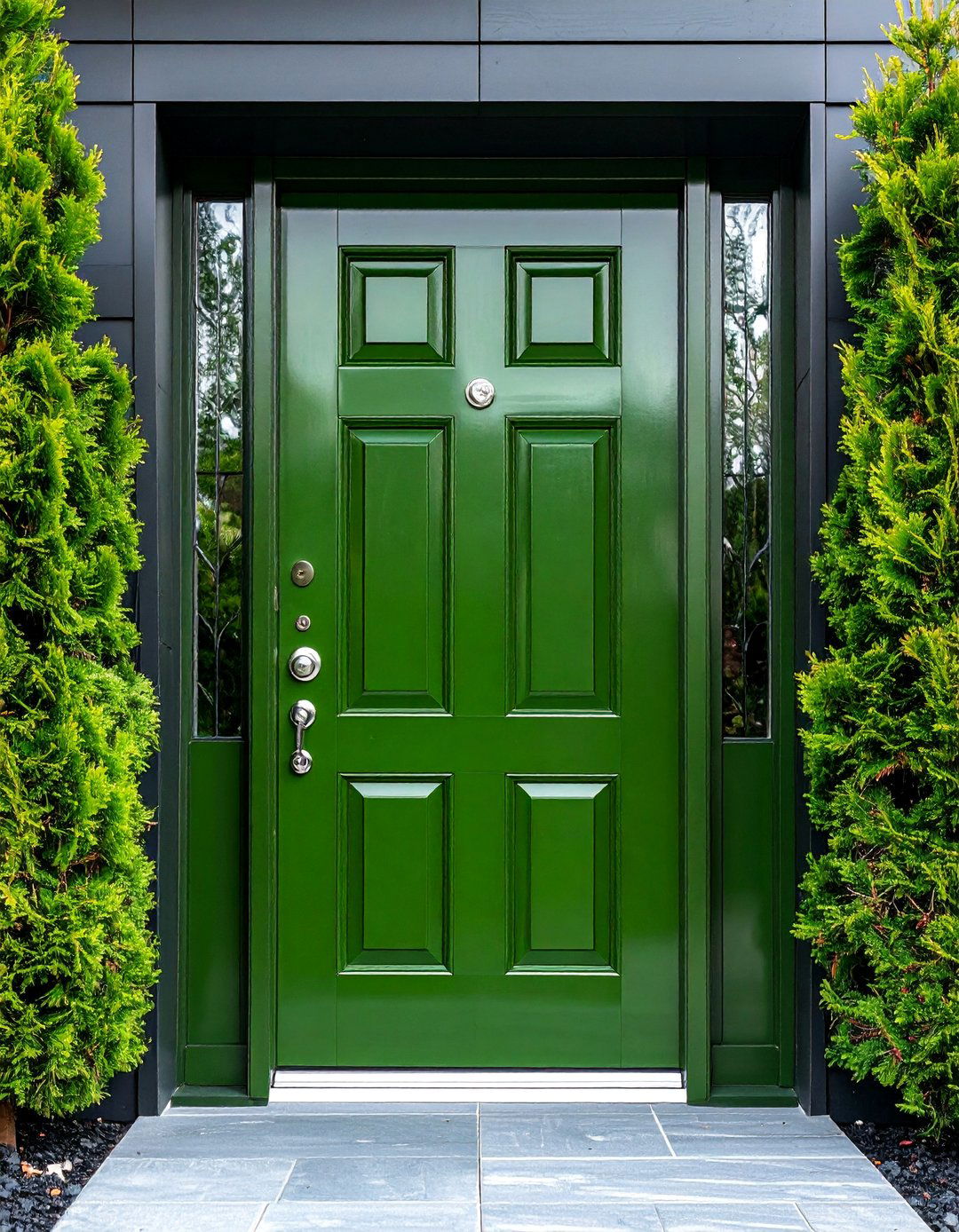 Glossy Olive Green Front Door with Chrome Hardware - 25 Olive Green Front Door Ideas