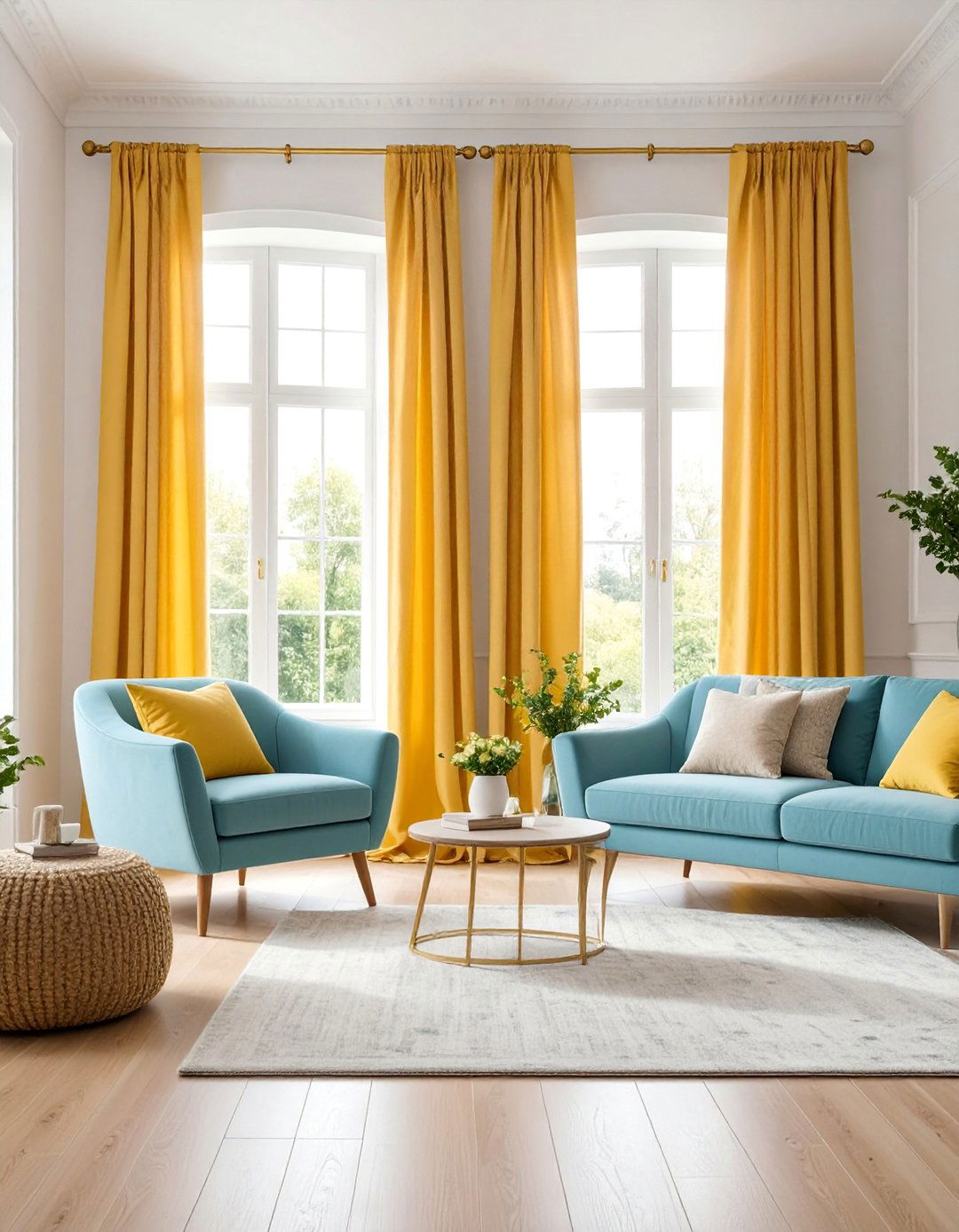 Golden Yellow Curtains with Powder Blue Window Seat - 25 Yellow and Blue Living Room Ideas