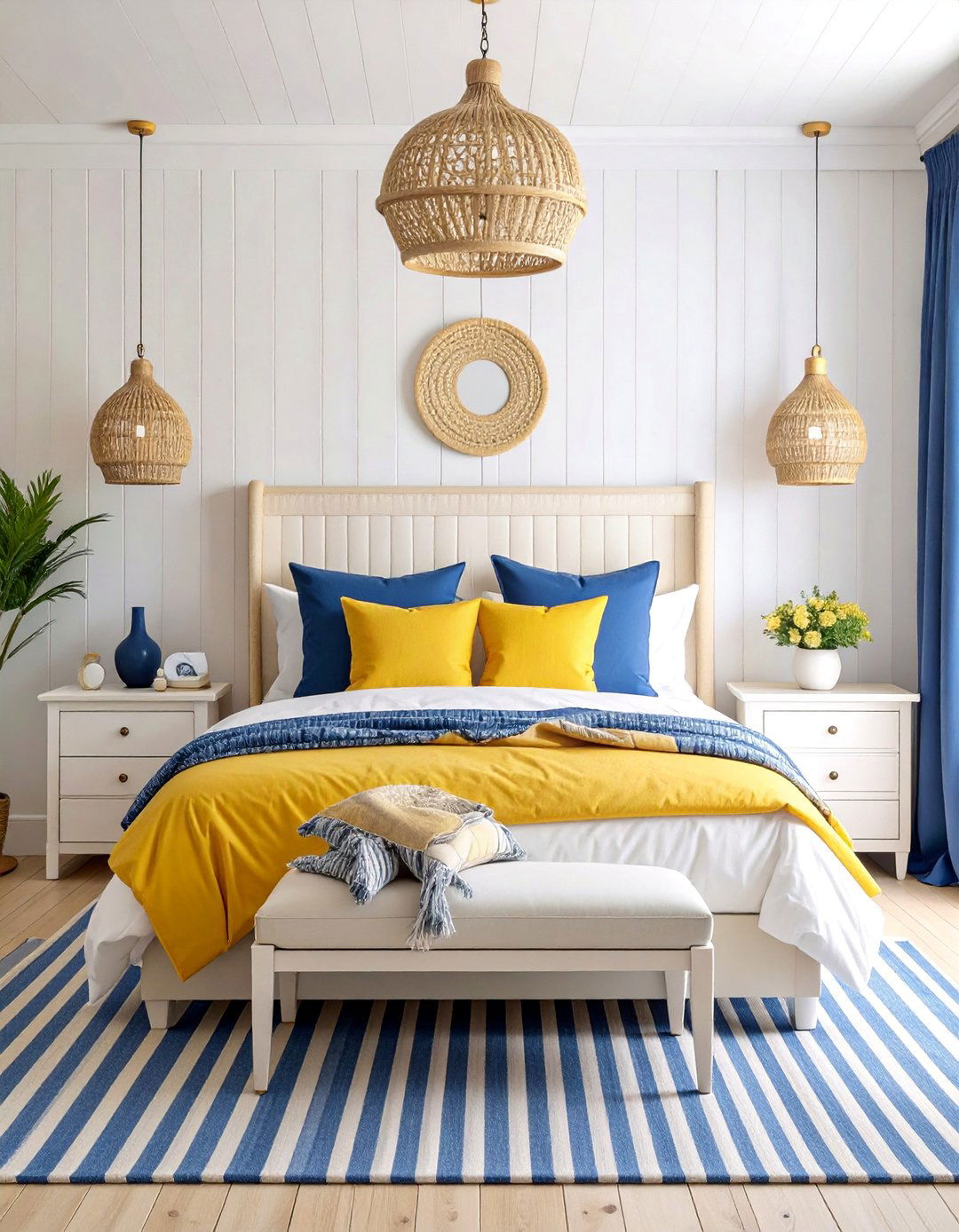 Golden Yellow and Navy Bedroom with Coastal Influences - 25 Colorful Boho Bedroom Ideas