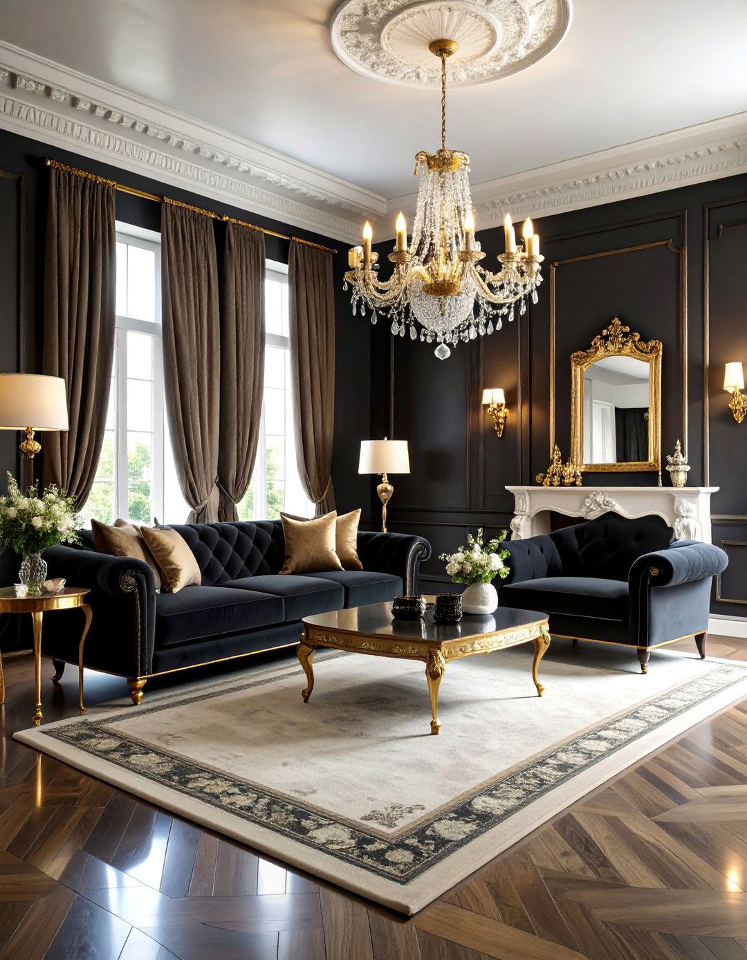 Gothic Black Living Room with Velvet Textures - 25 Black Room Ideas