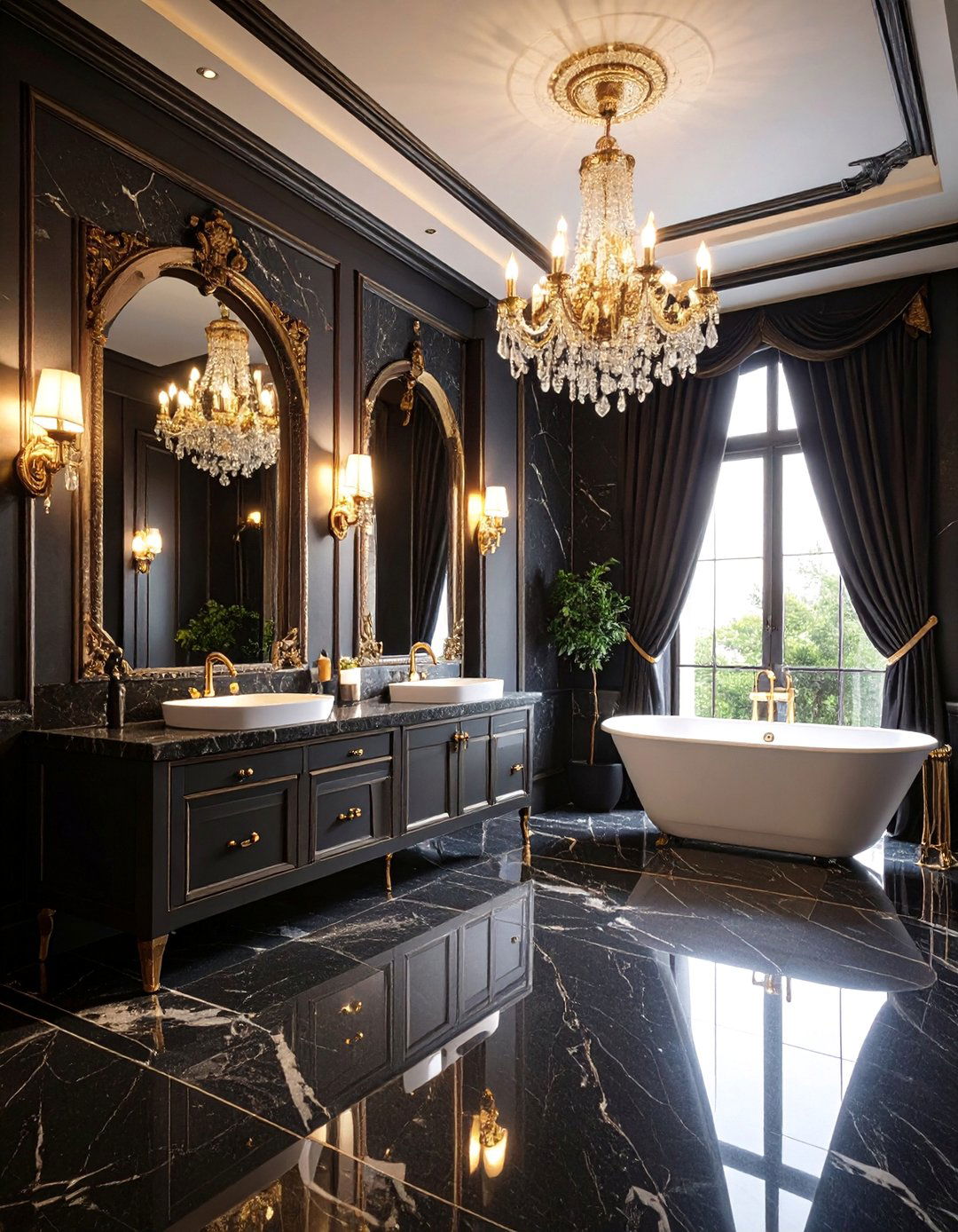 Gothic Black Marble Bathroom with Crystal Accents - 25 Dark Bathroom Ideas