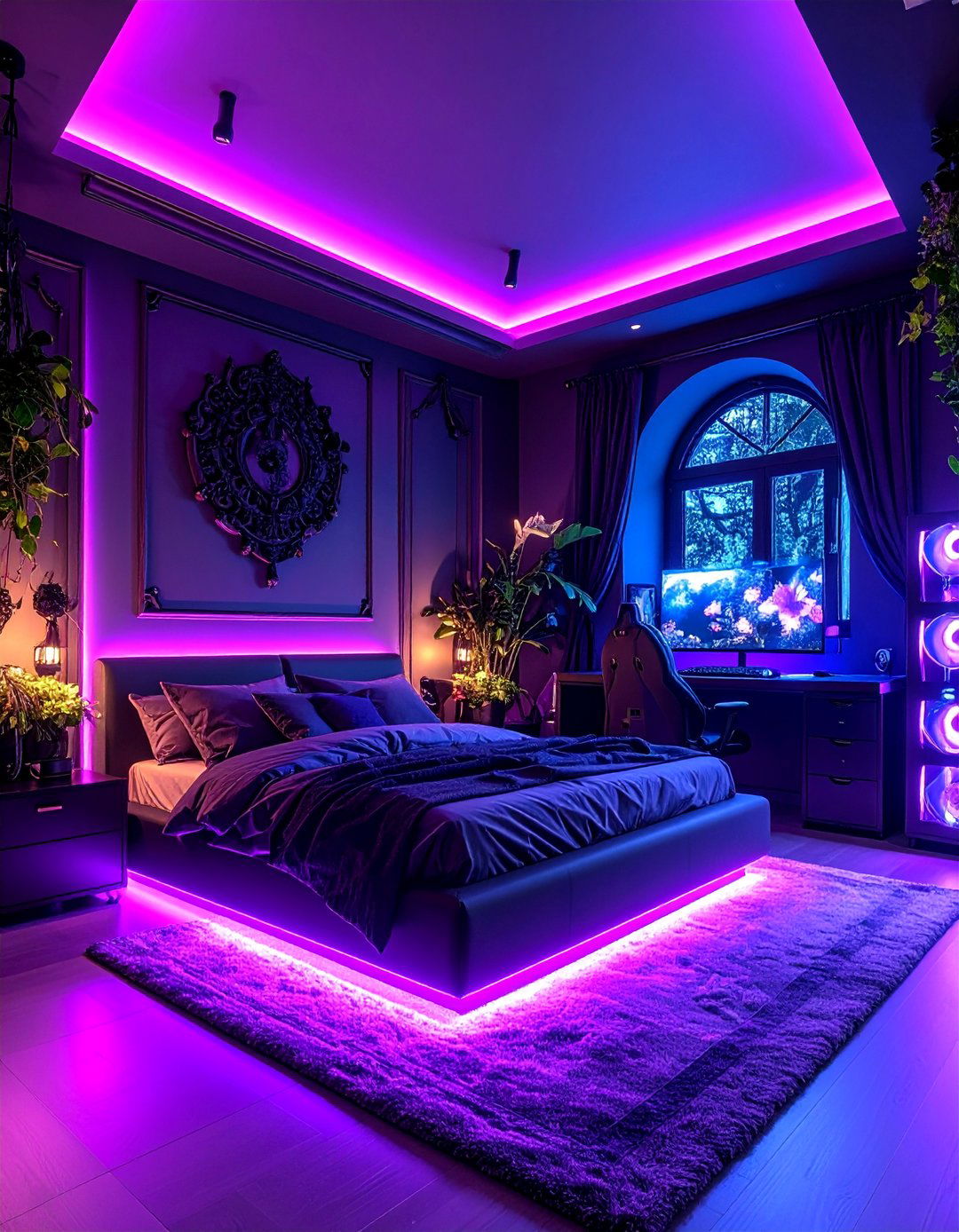 Gothic Dark Gaming Room with Purple Accents - 25 Gamer Girl Room Ideas