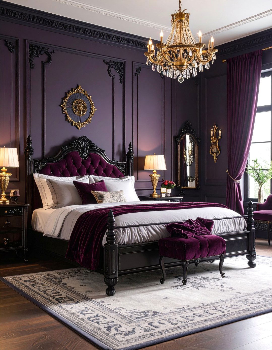 Gothic Dark Purple Bedroom with Velvet Textures - 25 Dark Purple Bedroom Ideas