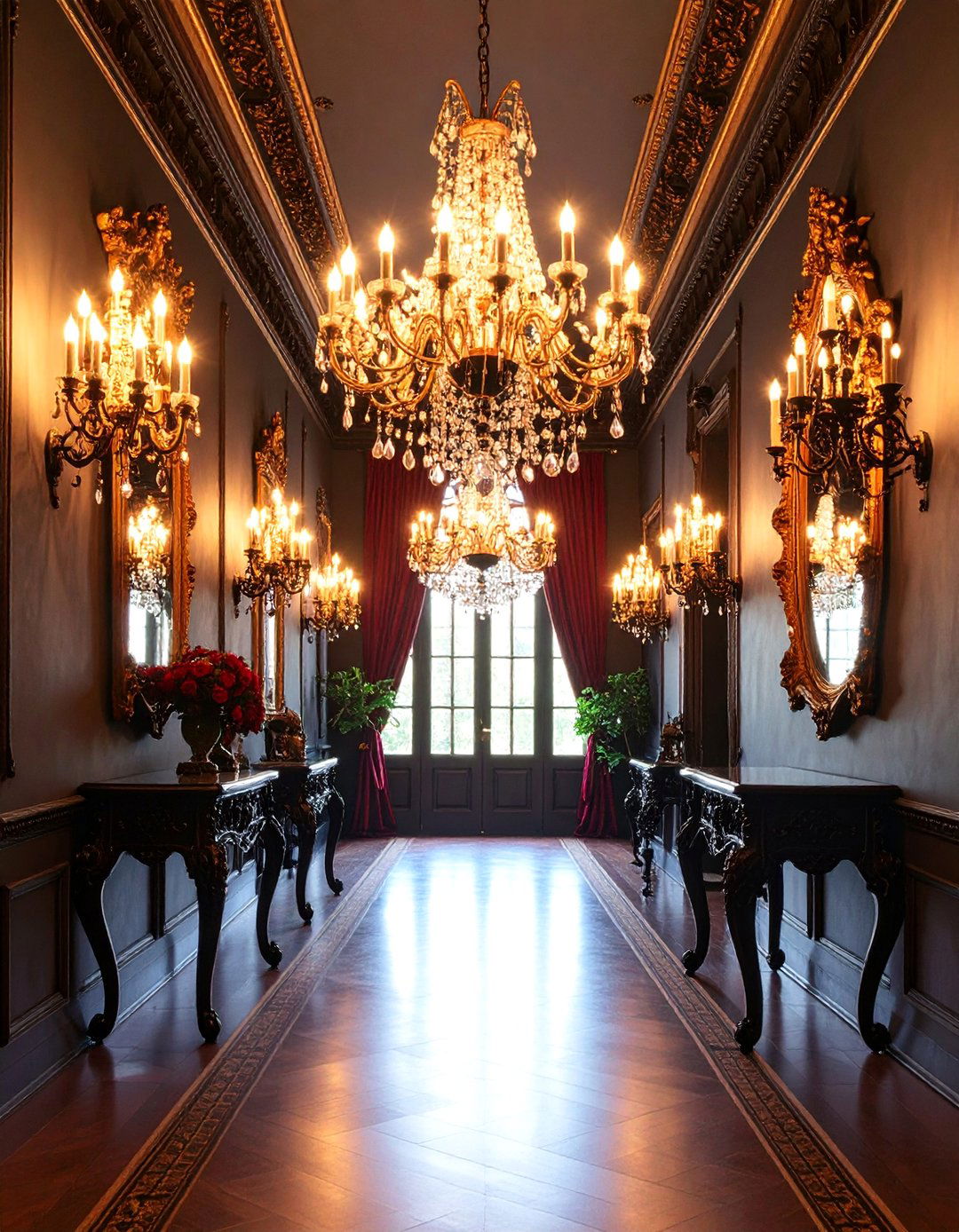 Gothic Glamour Hallway with Crystal Chandelier - 25 Black Hallway Ideas