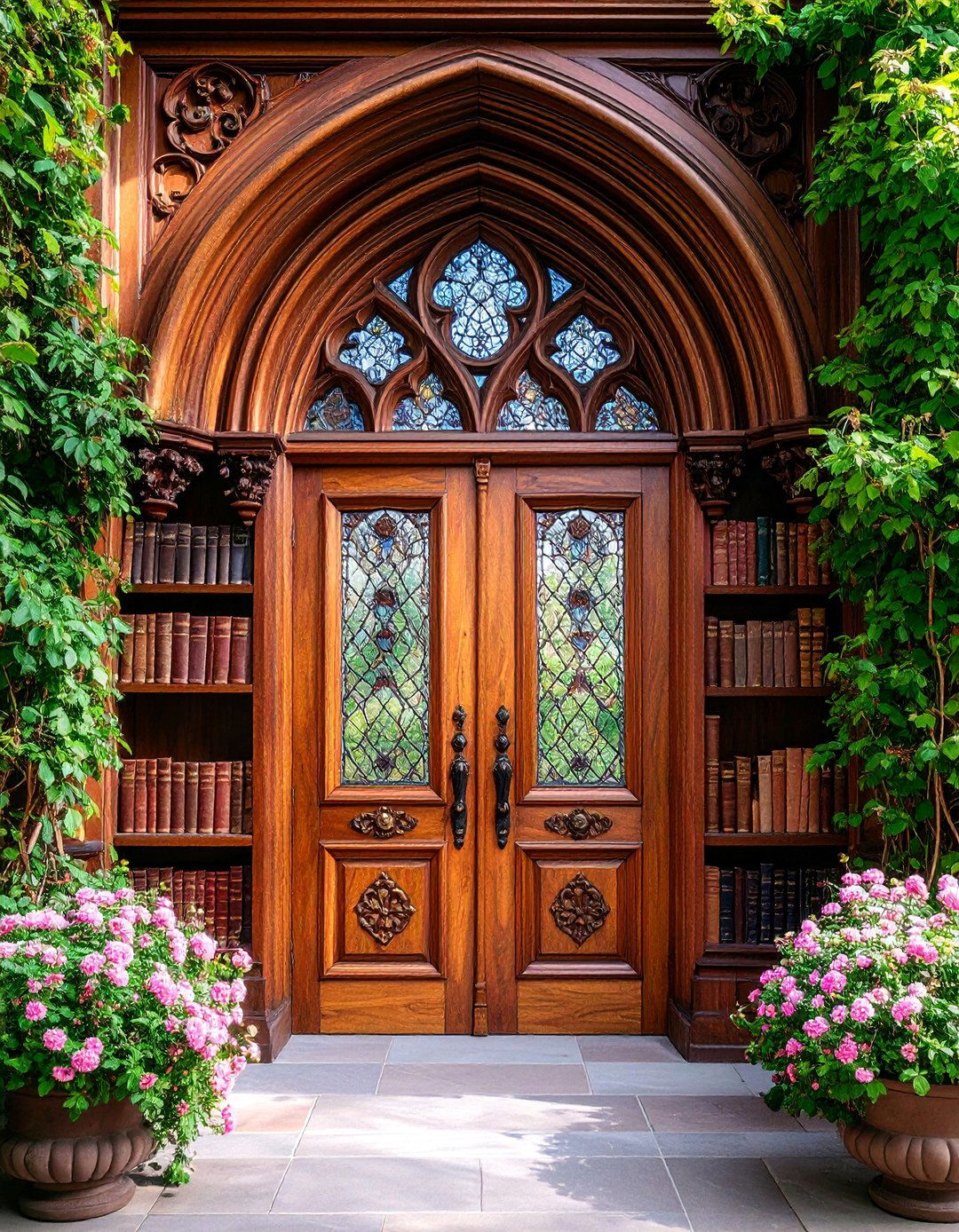 Gothic Library Door with Book Themed Details - 25 Gothic Front Door Ideas