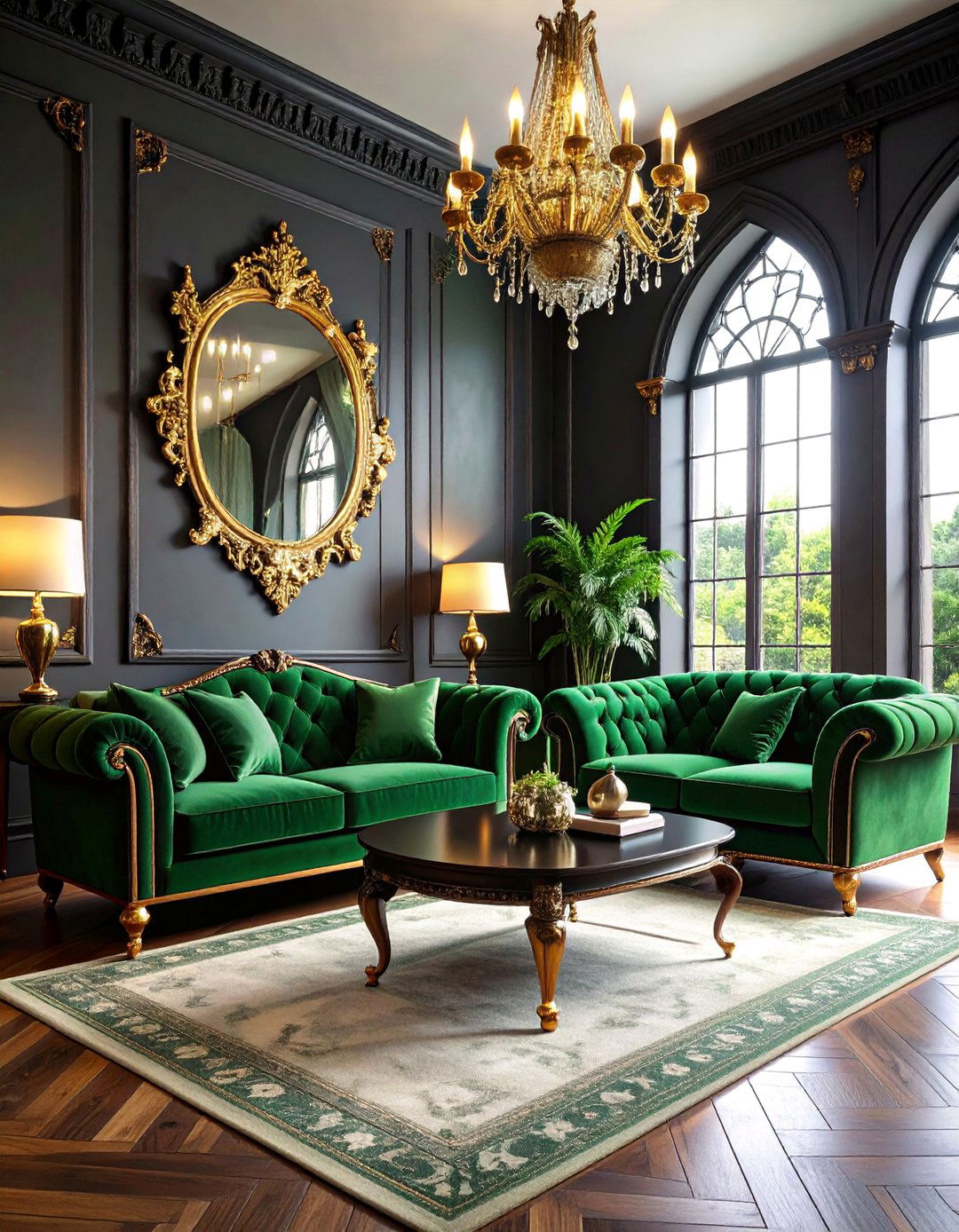 Gothic Living Room with Emerald Green Velvet Focus - 25 Gothic Living Room Ideas