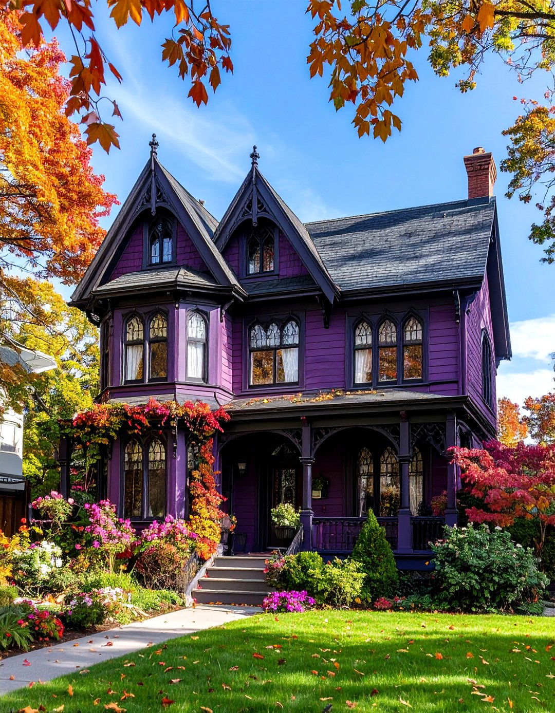 Gothic Revival Burgundy with Pointed Arches - 25 Purple House Exterior Ideas