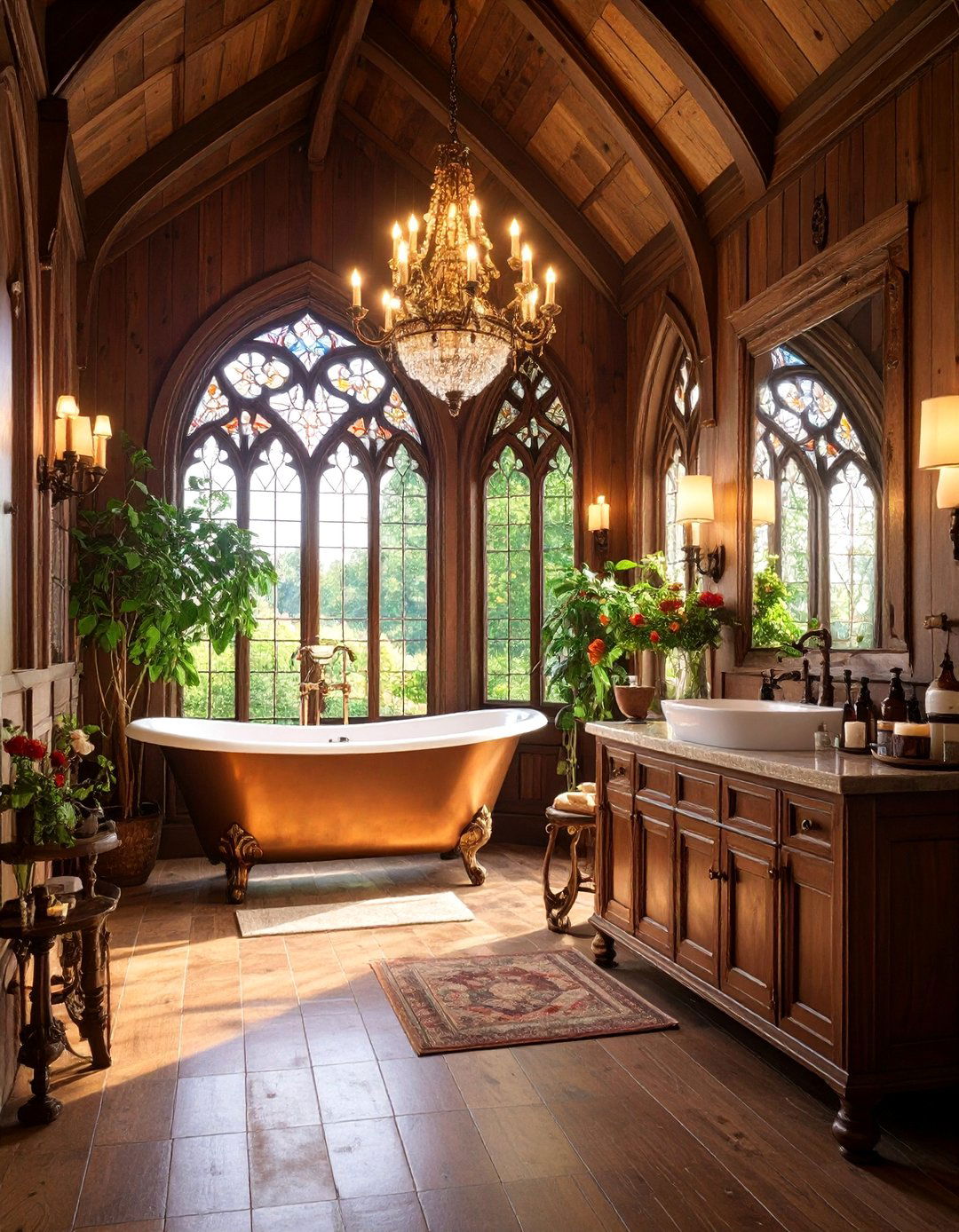 Gothic Revival Family Bathroom with Dark Wood and Stained Glass - 25 Family Bathroom Ideas