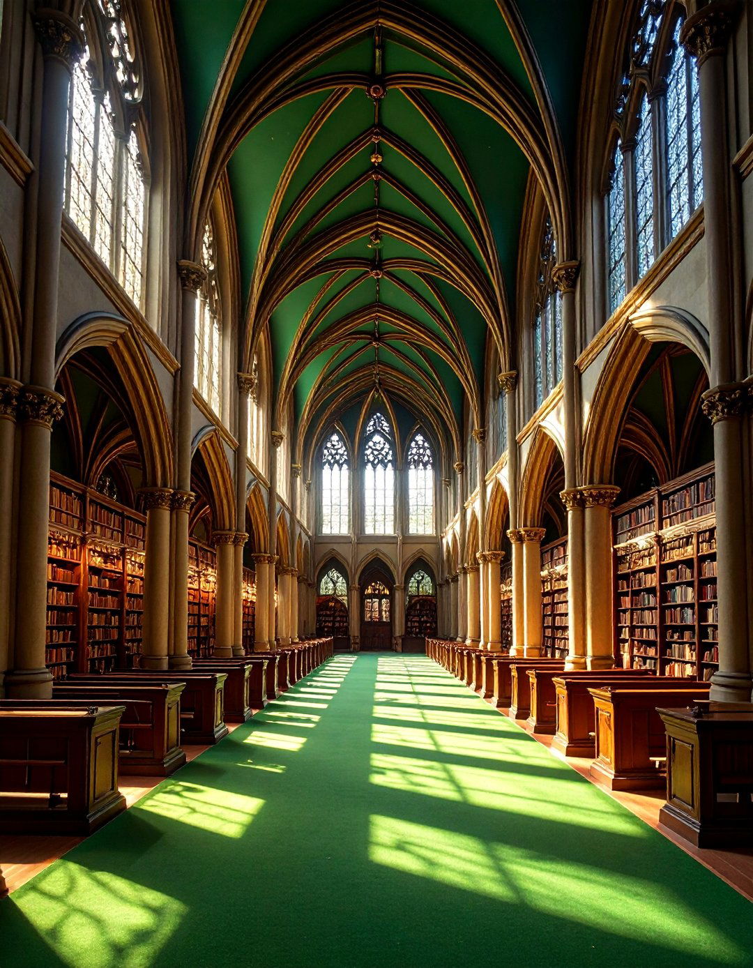 Gothic Revival Library with Dark Green Atmosphere - 25 Dark Green Home Library Ideas and Inspiration