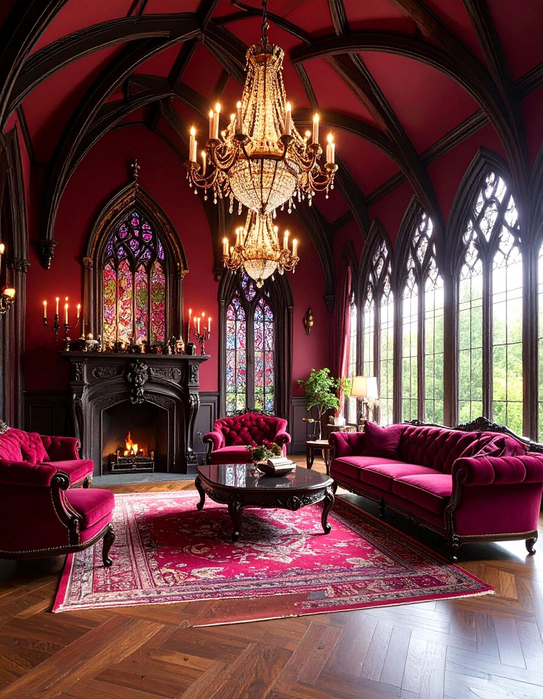 Gothic Revival Living Room with Dark Timber Beams - 25 Exposed Beam Living Room Ideas