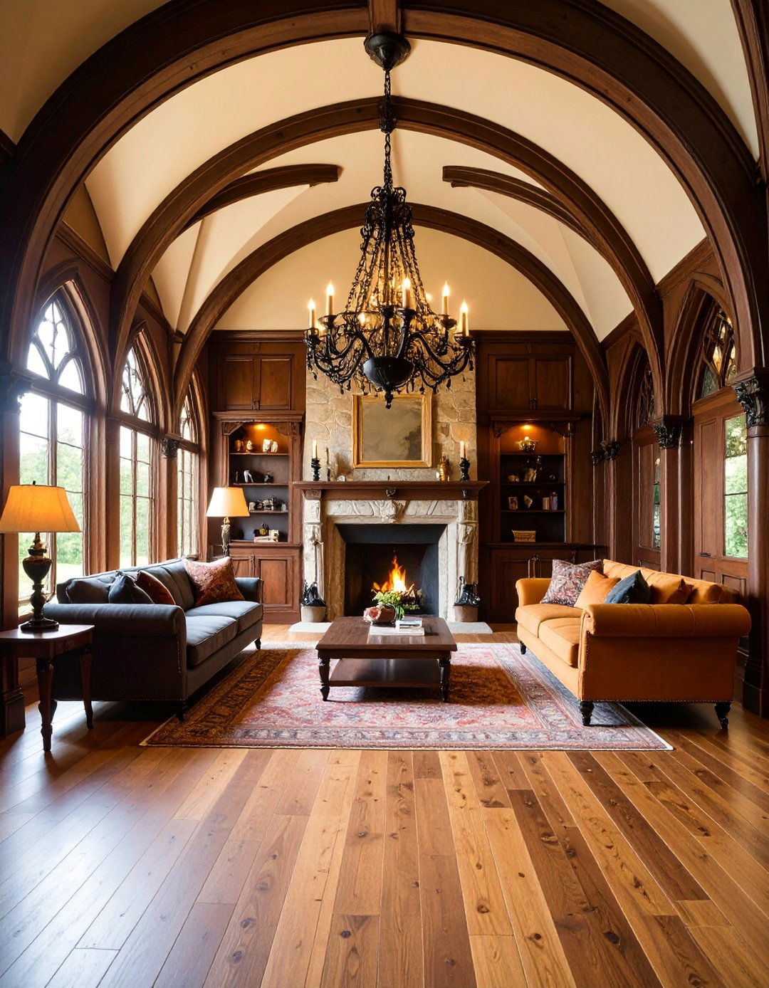 Gothic Revival Sunken Living Room with Dramatic Arches - 25 Sunken Living Room Ideas