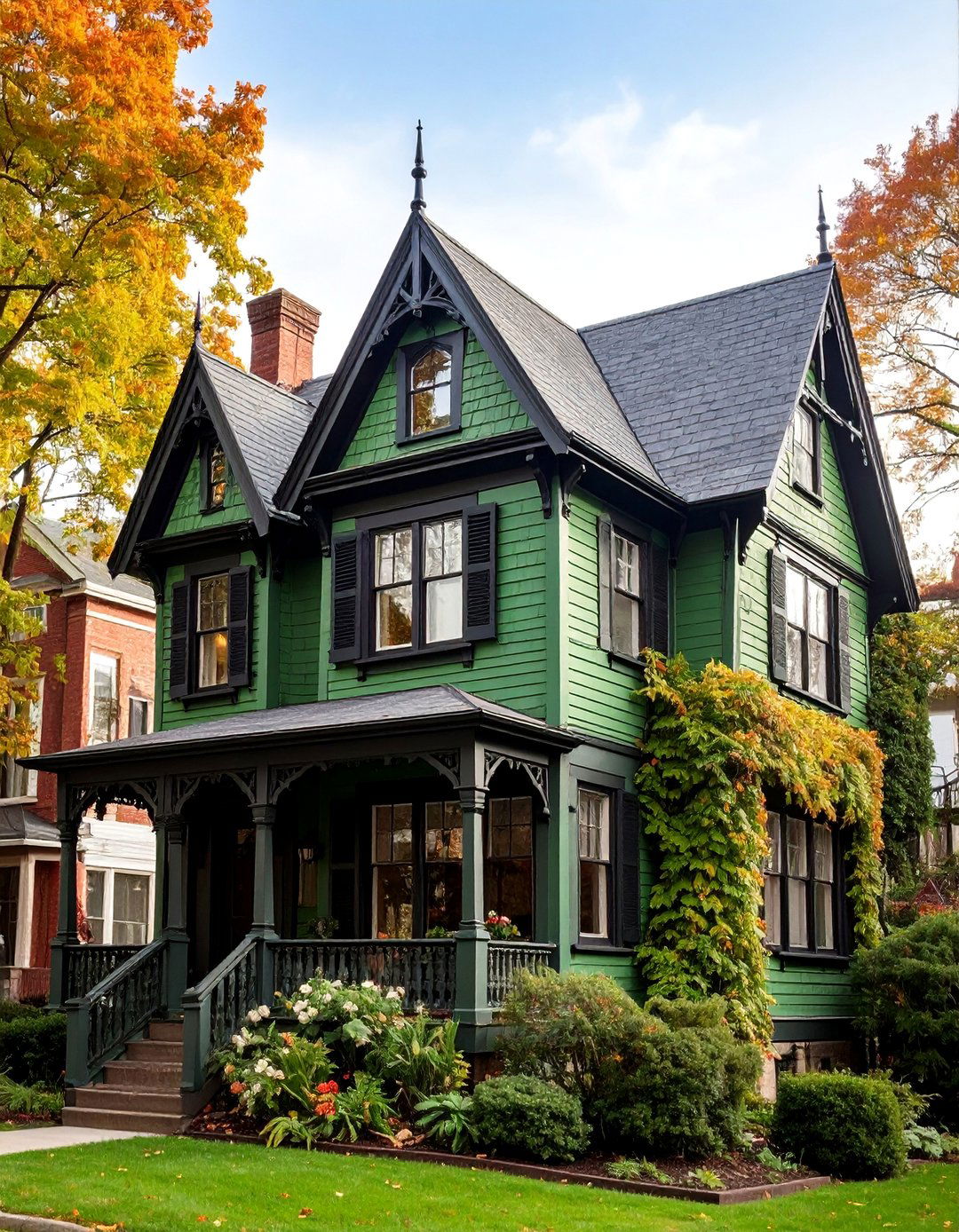 Gothic Revival with Black Pointed Arch Details - 25 Sage Green House With Black Door