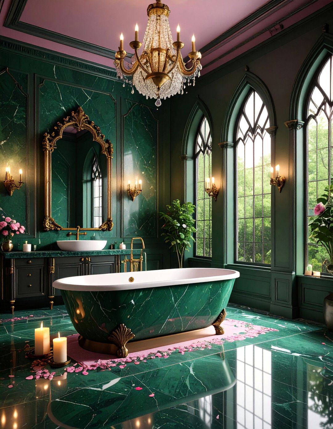 Gothic Romance Bathroom with Forest Green Marble and Rose Pink Details - 25 Pink and Green Bathroom Design Ideas