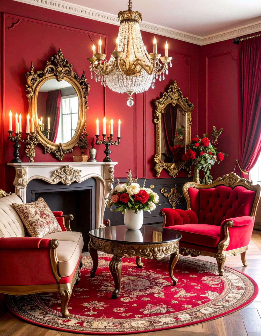 Gothic Romance Living Room with Black Velvet and Deep Red Accents - 25 Black and Red Living Room Ideas