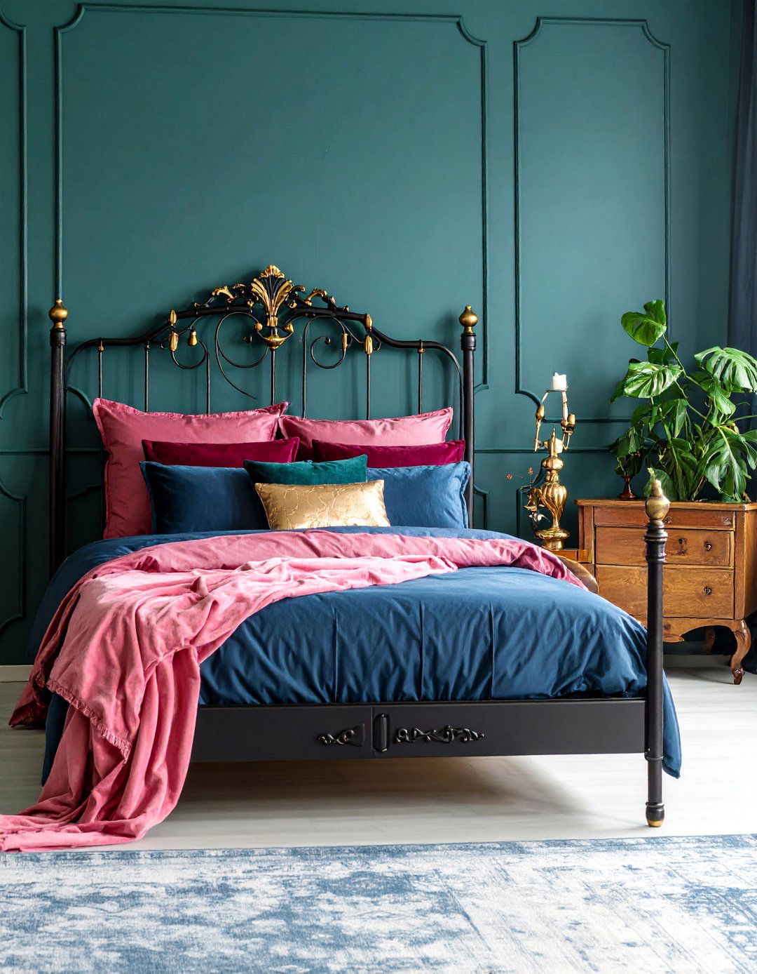 Gothic Romance Teal and Deep Pink Bedroom with Dramatic Details - 25 Teal and Pink Bedroom Ideas