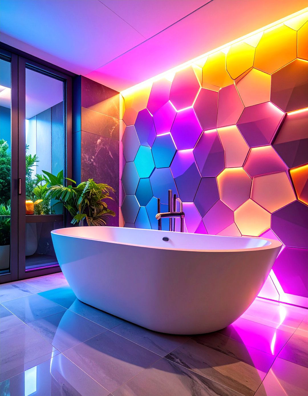 Gradient Hexagon Accent Wall Behind Freestanding Tub - 25 Hexagon Tiles Ideas for Bathrooms