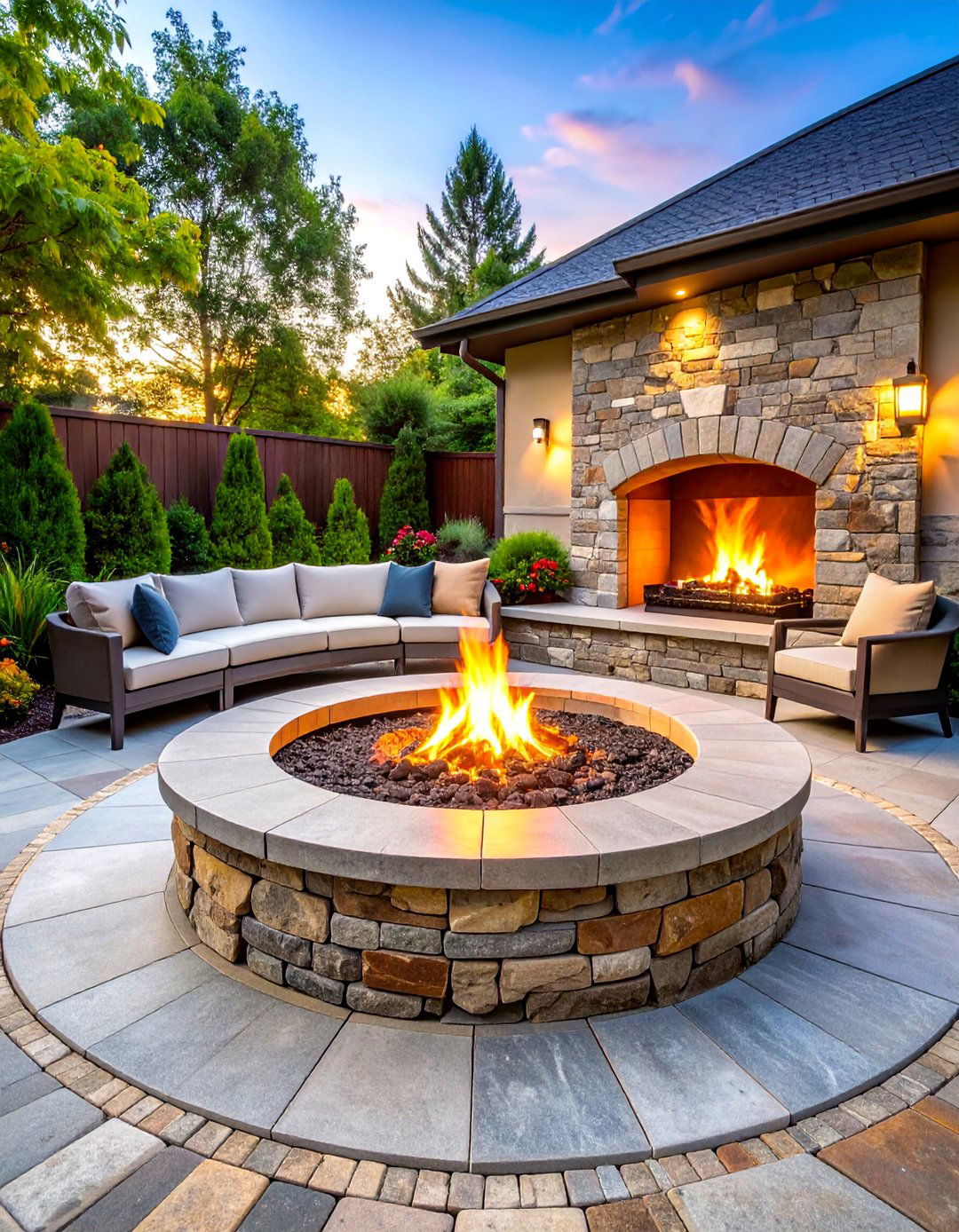 Granite Pavers with Circular Seating Wall - 25 Stone Patio With a Fire Pit Ideas