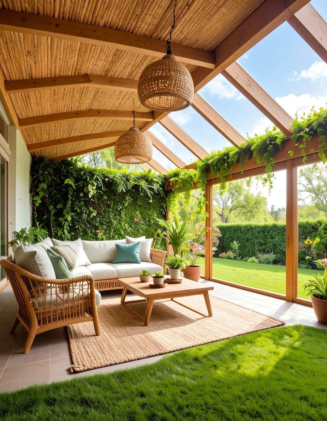 Grasscloth Sunroom Ceiling with Natural Texture Finish - 25 Sunroom Ceiling Ideas