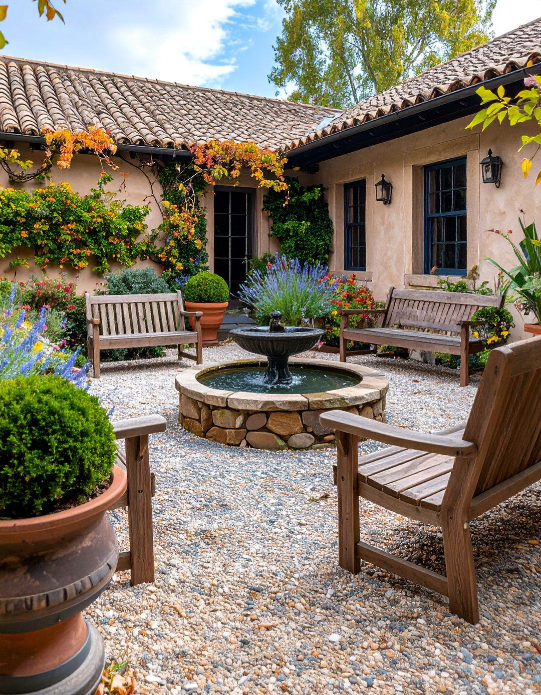 Gravel Courtyard Patio with Central Water Feature - 25 Farmhouse Patio Ideas