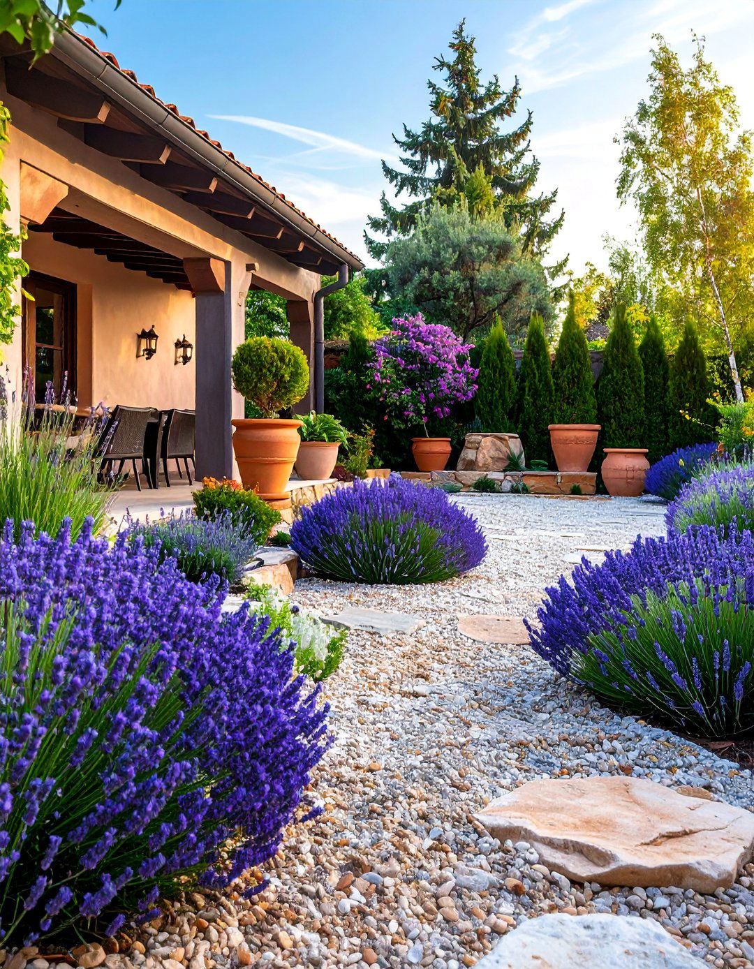 Gravel Courtyard with Mediterranean Plantings - 25 Rustic Landscaping Ideas