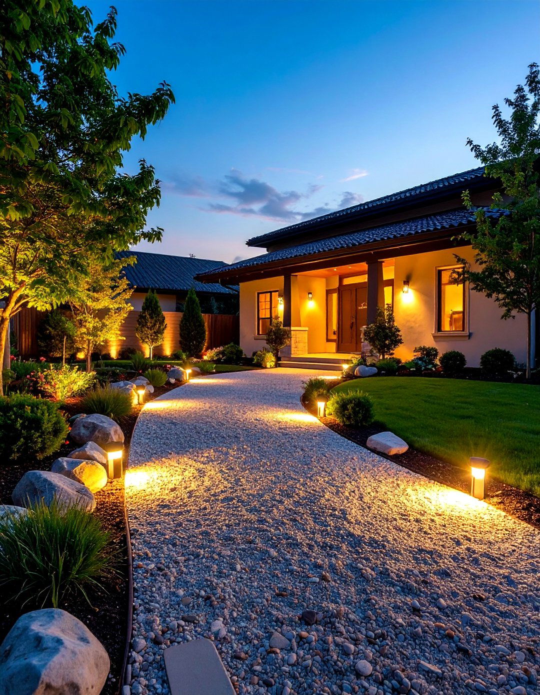 Gravel Driveway with Integrated LED Pathway Lighting System - 25 Gravel Driveway Ideas