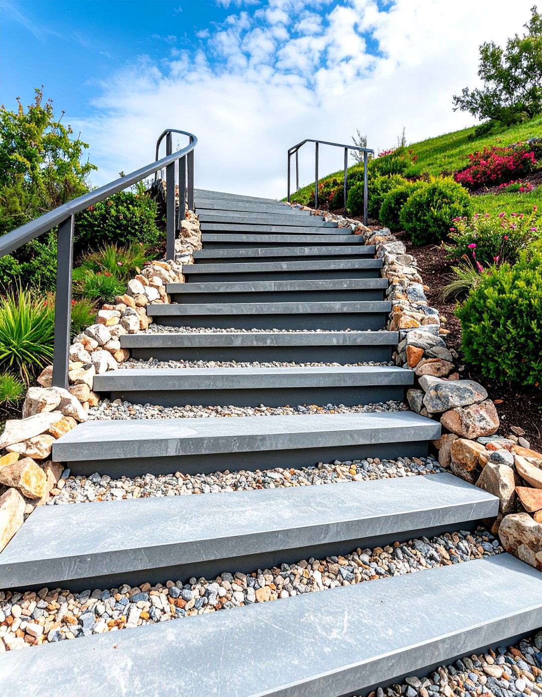 Gravel Steps with Steel Riser Plates and Integrated Drainage - 25 Sloped Walkway Ideas