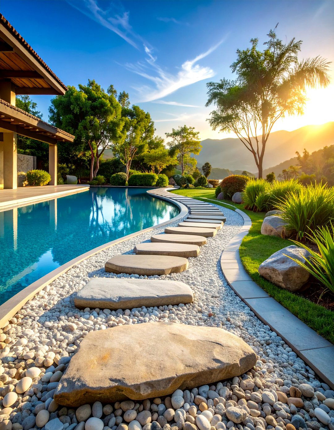 Gravel and Stepping Stone Pool Path - 25 Pool Walkway Ideas