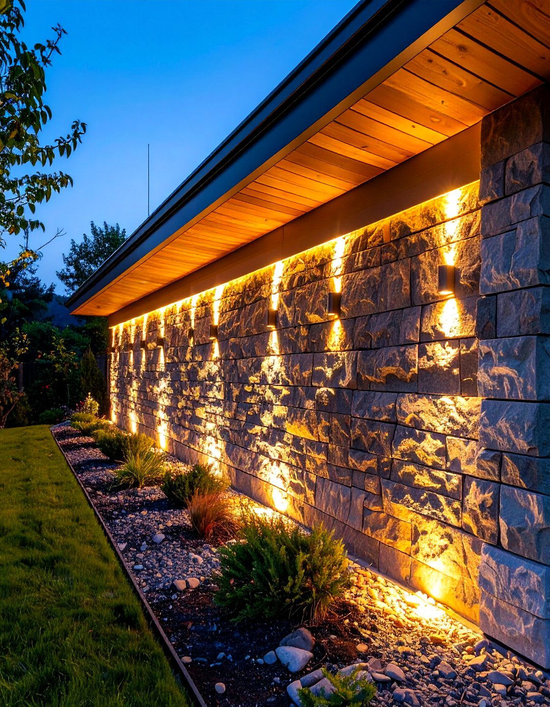 Gravity Stone Wall with Integrated LED Strip Lighting - 25 Retaining Wall Ideas for Sloped Backyard