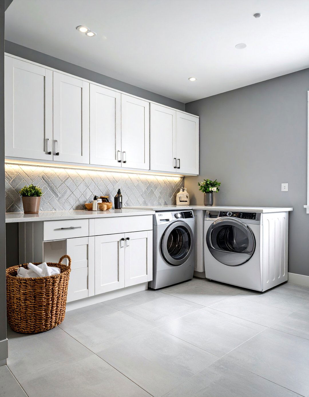 Gray Brick Basketweave with Contemporary Appeal - 25 Brick Floor Laundry Room Ideas