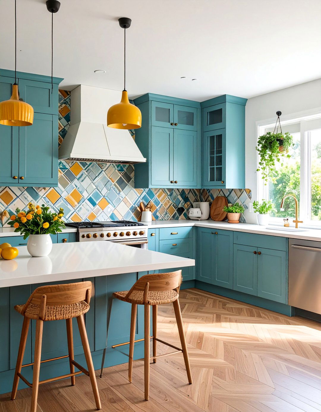 Gray Cabinets with Geometric Tile and Modern Fixtures - 25 Farmhouse Kitchen With Gray Cabinets Ideas