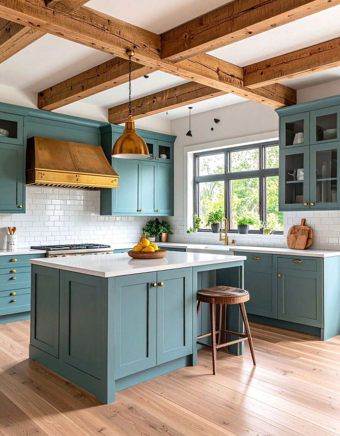 Gray Cabinets with Subway Tile and Exposed Beams - 25 Farmhouse Kitchen With Gray Cabinets Ideas
