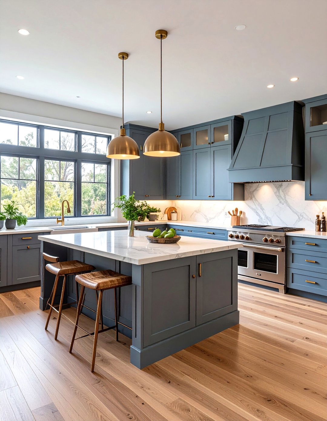 Gray Cabinets with Waterfall Edge Quartz Island - 25 Farmhouse Kitchen With Gray Cabinets Ideas