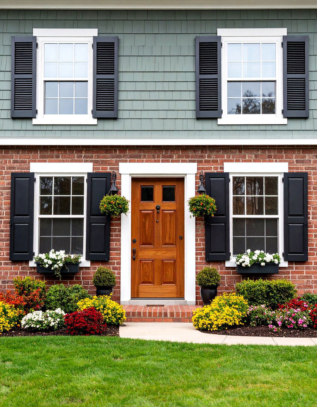 Gray Green Sage with White Architectural Details - 25 Exterior Brick Paint Color Ideas