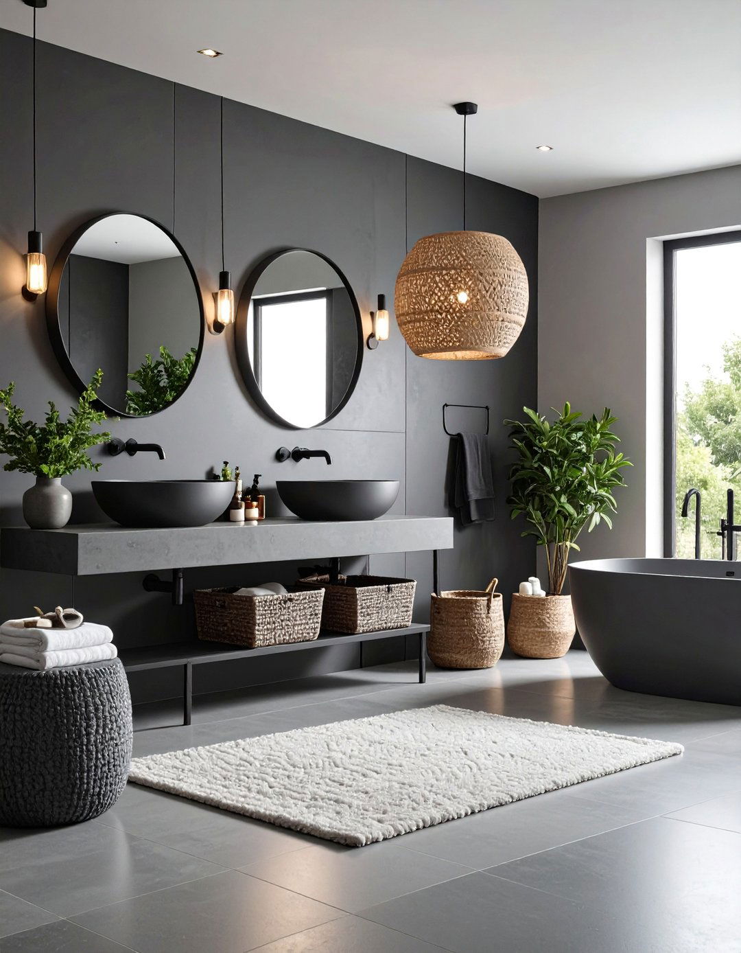 Gray Monochrome Bathroom with Black Hardware - 25 Scandinavian Bathroom Ideas