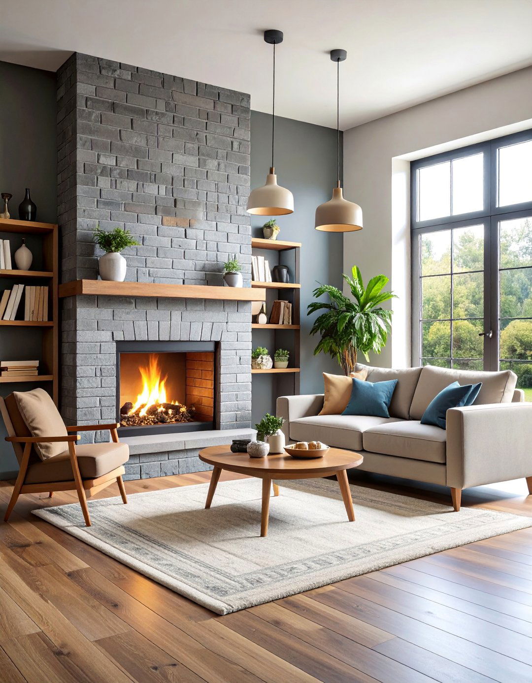 Gray Painted Brick Fireplace with Neutral Decor - 25 Rustic Living Room With a Brick Fireplace Ideas