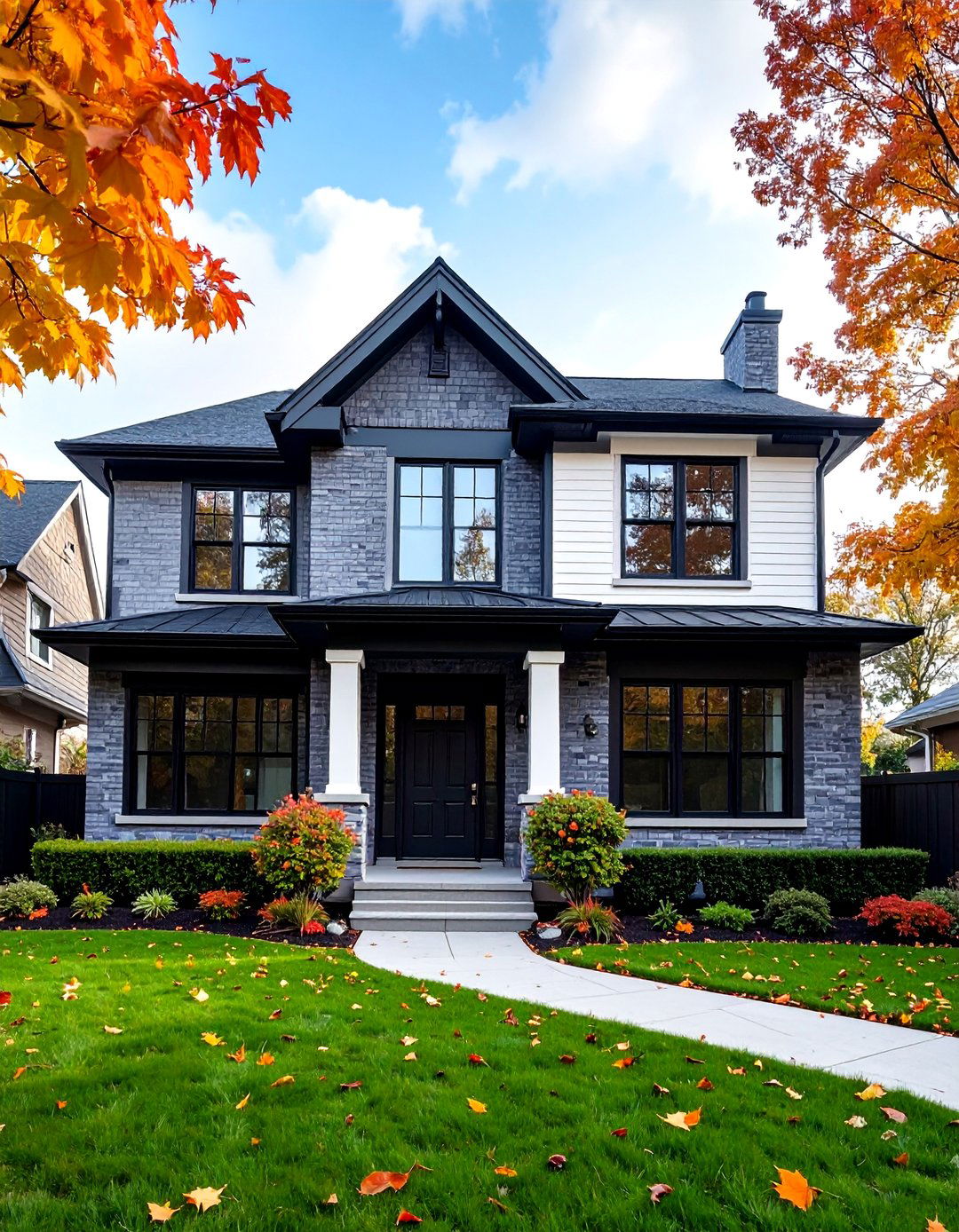 Gray Painted Brick with White and Black Trim - 25 Exterior Brick and Paint Color Combinations