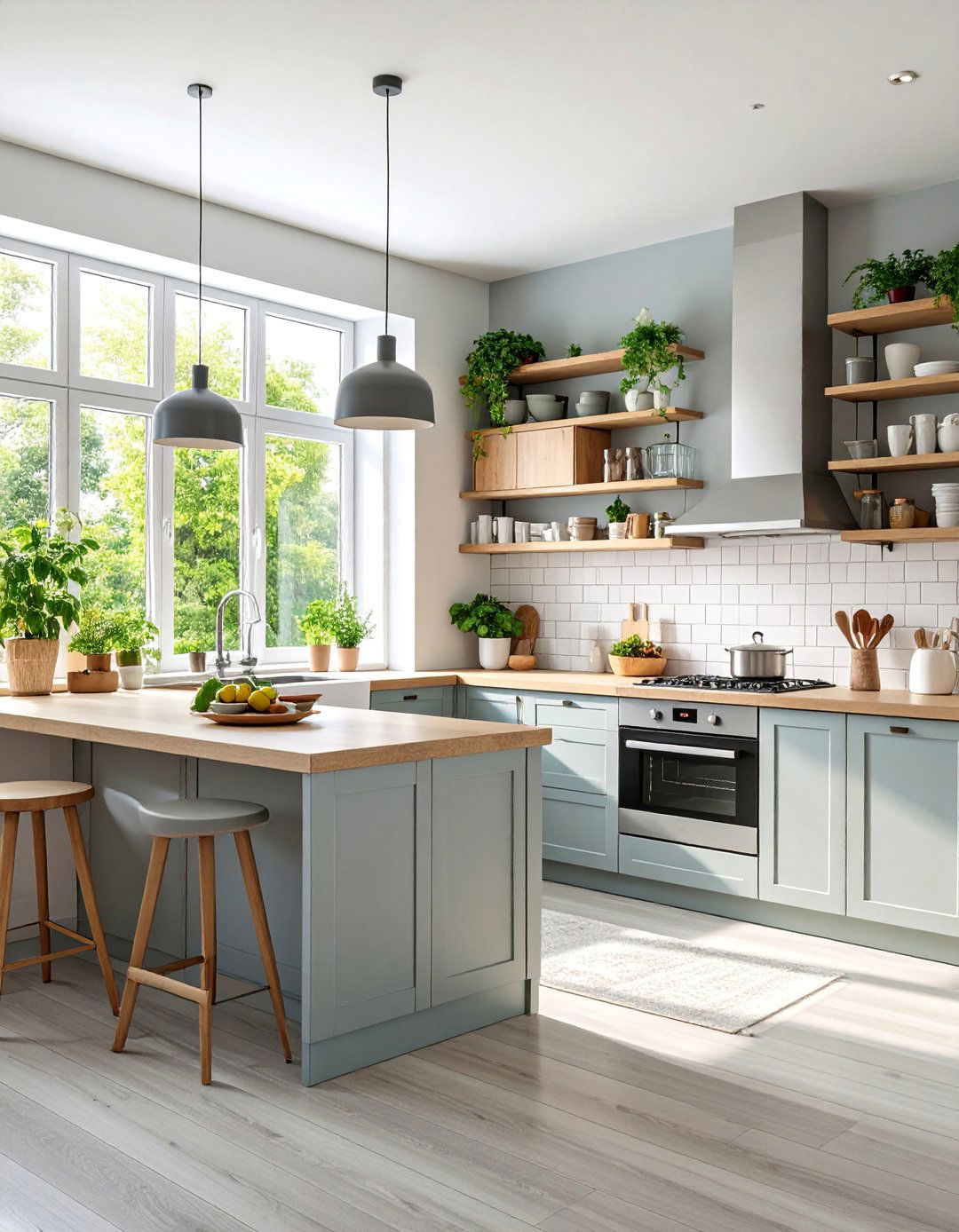 Gray Scandinavian Kitchen with Open Shelving and Natural Light - 25 Gray Kitchens