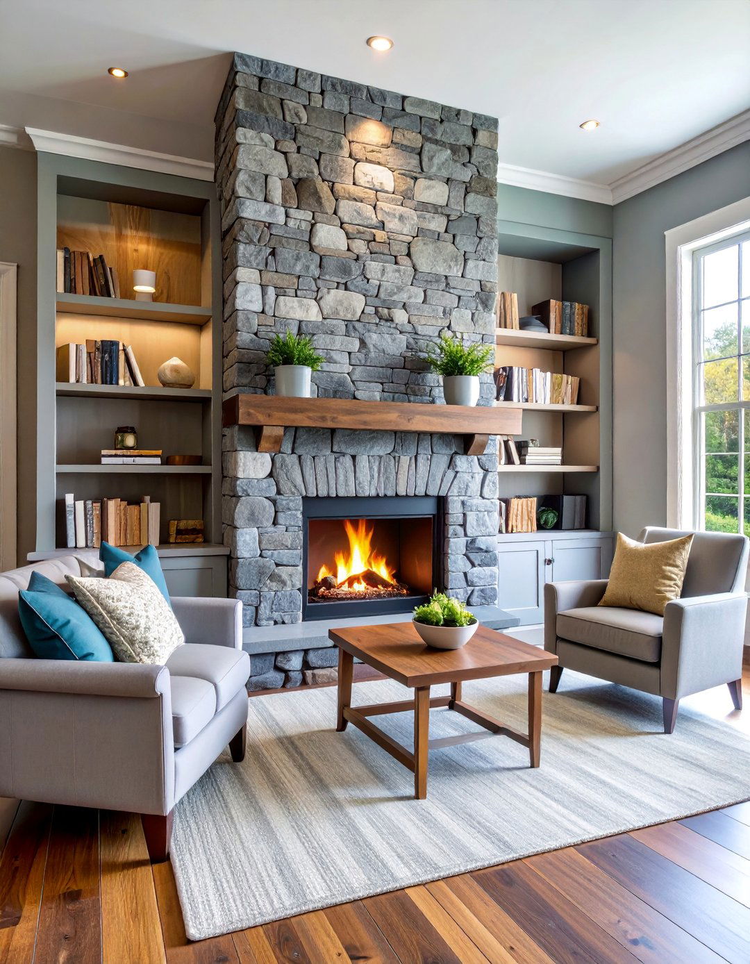Gray Stone Two Story Fireplace with Built In Bookshelves - 25 Two-story Fireplace Ideas