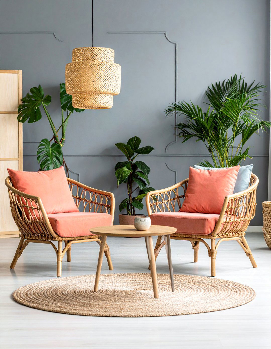 Gray and Coral Tropical Living Room - 25 Gray Living Room Ideas