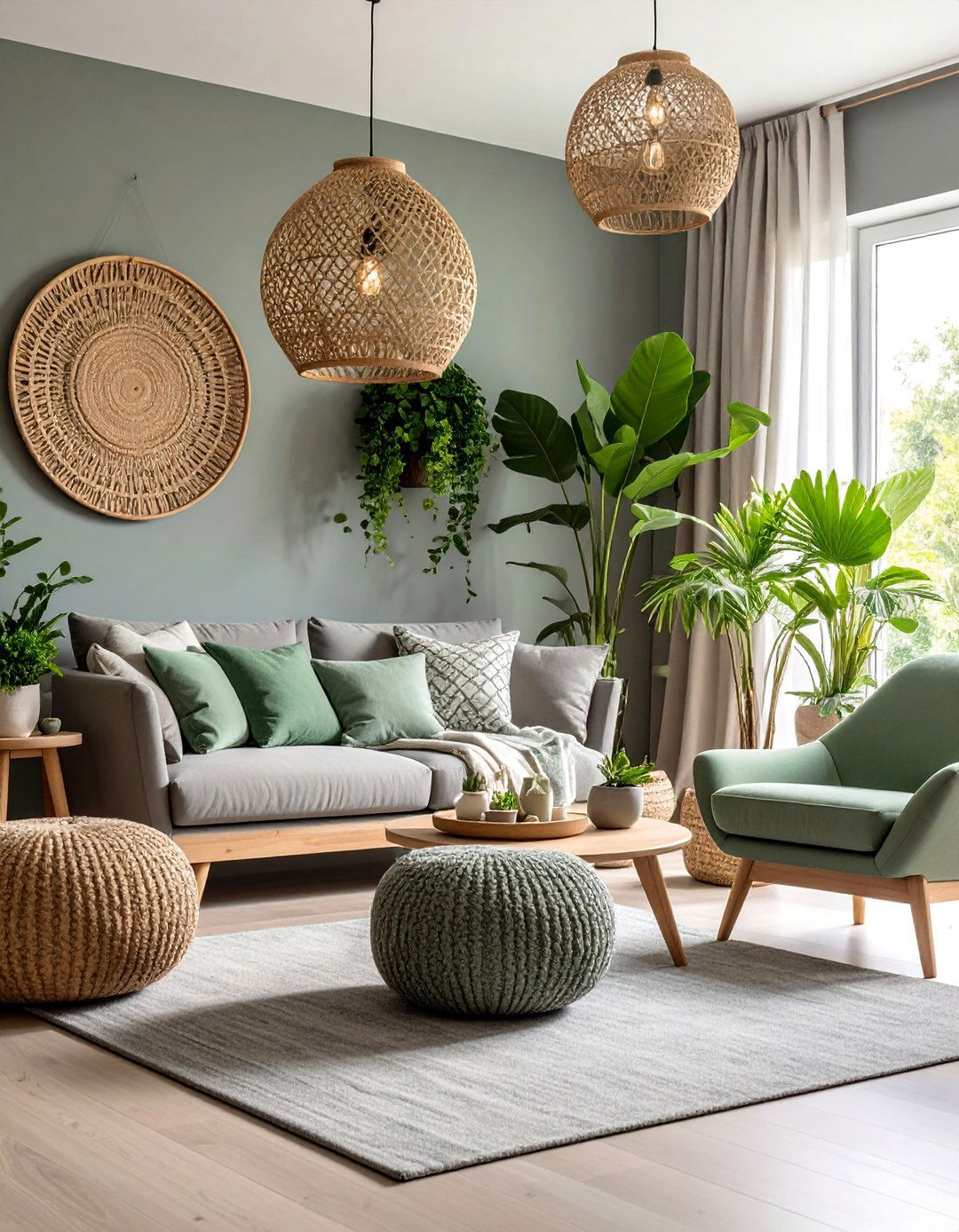 Gray and Sage Green Biophilic Living Room - 25 Gray Living Room Ideas
