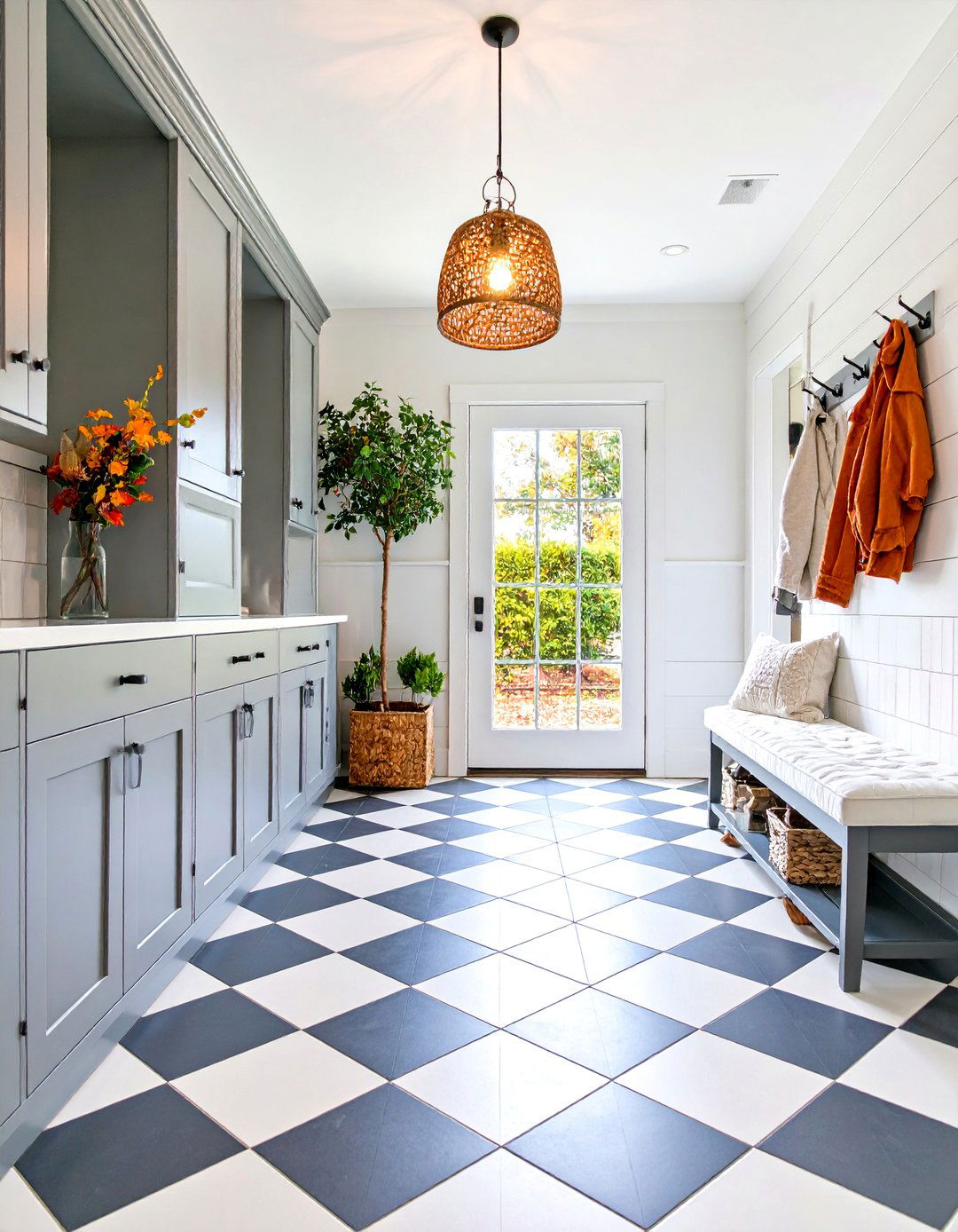 Gray and White Farmhouse Mudroom with Checkered Floor - 25 Farmhouse Mudroom Ideas