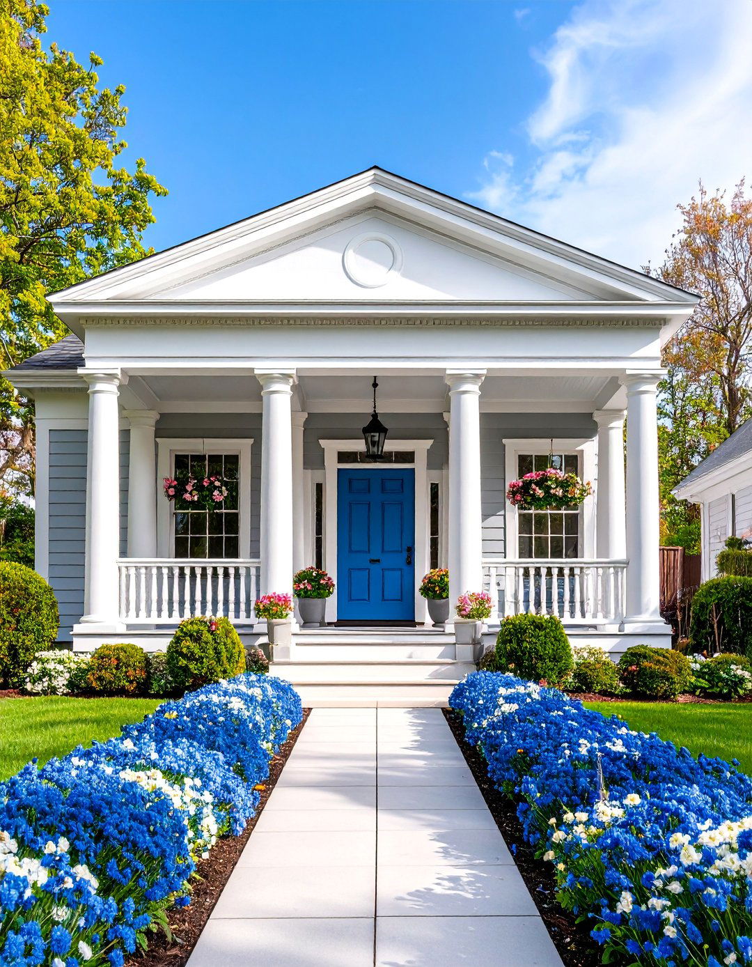Greek Revival Grey House with Denim Blue Door - 25 Grey House With Blue Door Ideas